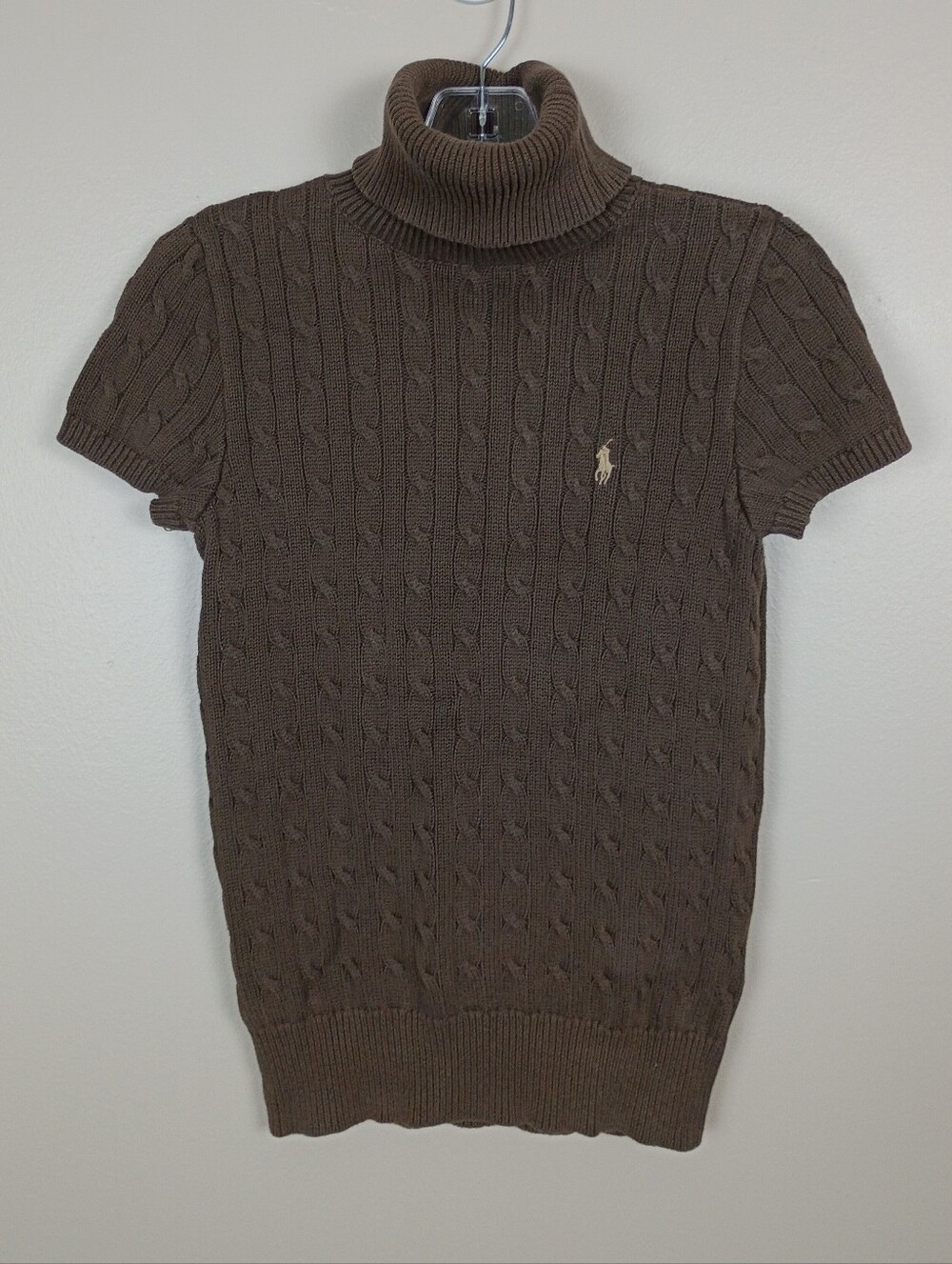 Vintage Ralph Lauren Sport Y2K Brown Short Sleeve Cable Knit Turtleneck M Medium